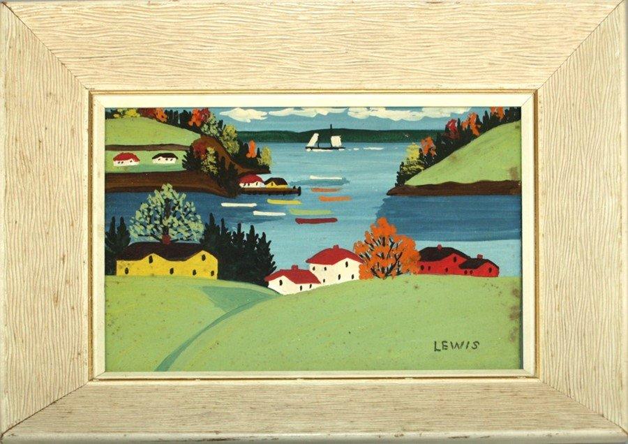 A late summer landscape with single boat by Maud Lewis