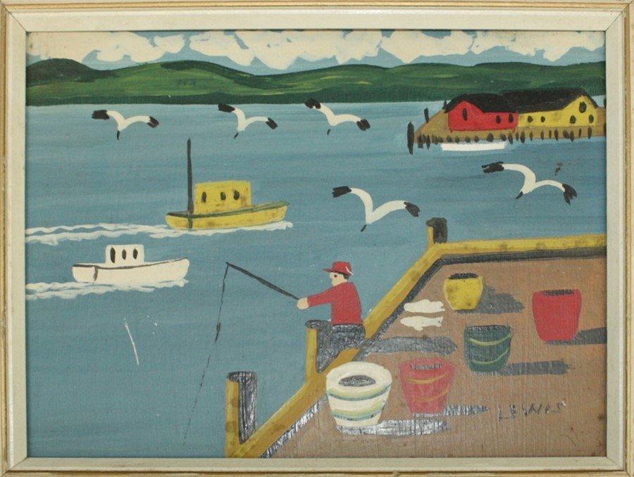 Fisherman seated on harbour wall - Maud Lewis