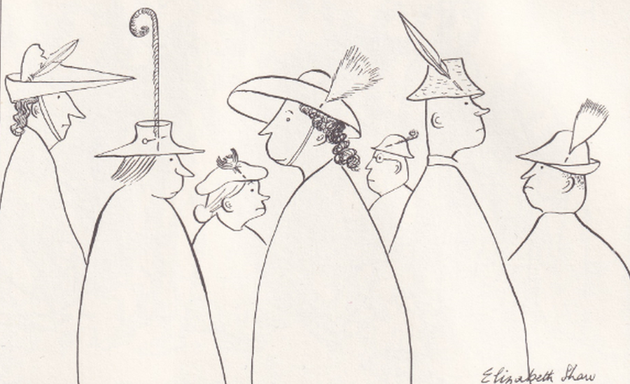 Caricature of people wearing hats