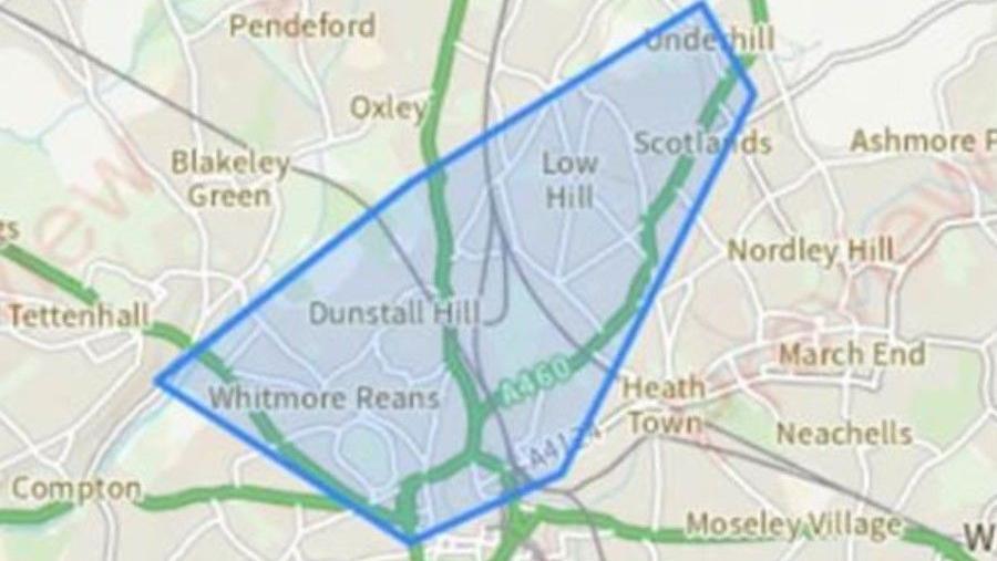 A map shows an area highlighted using a blue line as a border. The words Dunstall Hill, Whitmore Reans and Low Hill are written within the area.  