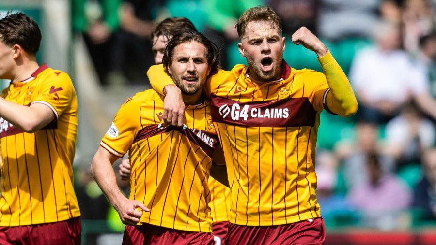 Motherwell's Lukas Fadinger (L) celebrates with Stephen Welsh (R) after scoring to make it 1-0 during a William Hill Premiership match between Hibernian and Motherwell at Easter Road, on May 16, 2026, in Edinburgh, Scotland