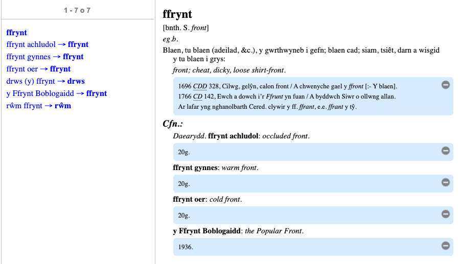 Cofnod 'ffrynt' ar wefan Geiriadur Prifysgol Cymru