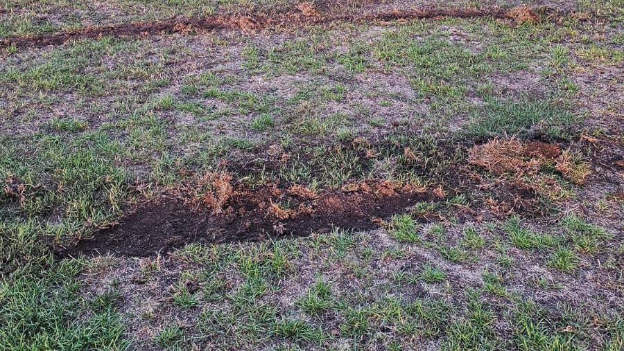 The photo shows a grassy sports field with several areas of damage. In these spots, the grass has been worn away, revealing bare soil underneath. The damaged patches are uneven and scattered, possibly caused by vehicles.