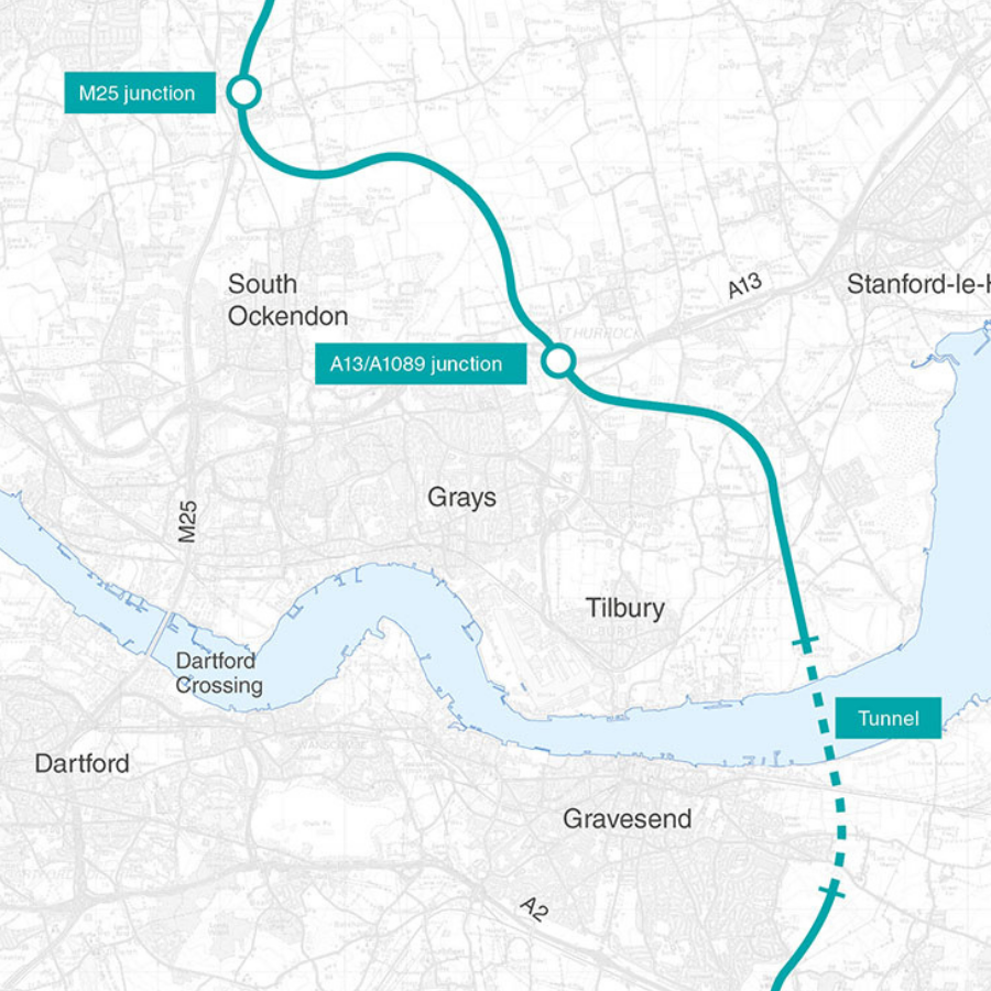 A map of the proposed route of the Lower Thames Crossing, which comprises a tunnel that runs east of Gravesend in Kent and east of Tilbury in Essex, with connecting roads to the M25, M2 and A2.