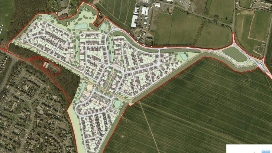 Possible design of the Gibraltar Farm development if it goes ahead shown from above as a site plan with the homes and roads in place