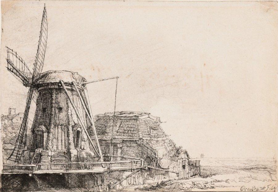 This ething includes a windmill on the left hand side of the image. Another structure is to the right of it, in the middle of the image.