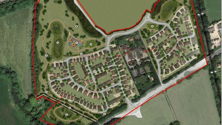 Computer generated aerial plans for 230 homes by David Wilson Homes. Red line outlining the development site and a plan of where the houses and flats will be built.