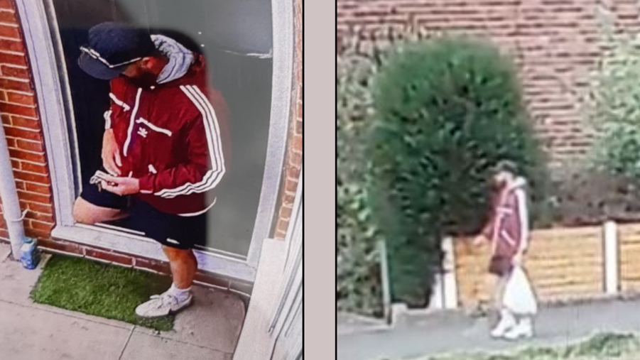 CCTV photos of a man in black shorts and a red jacket