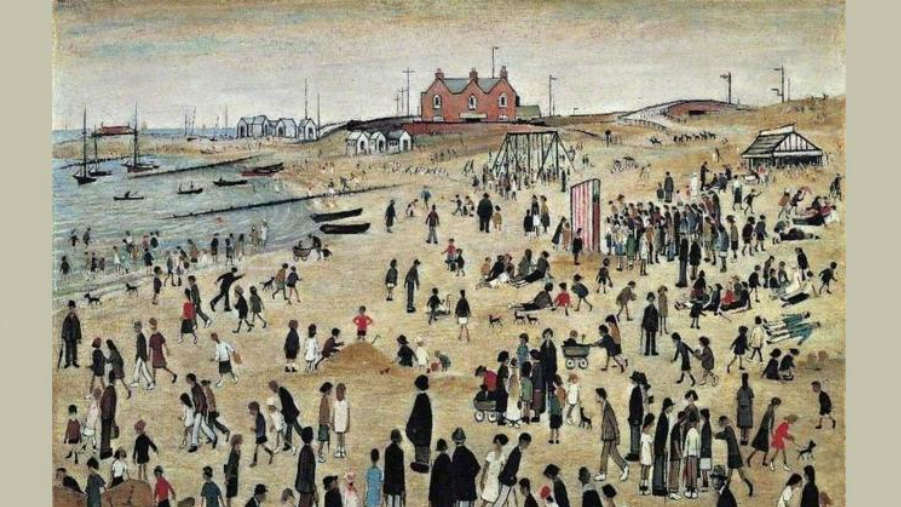 The image shows a L S Lowry painting with a house in the distance and lots of people on the beach but  mostly quite well dressed wearing coats and hats 