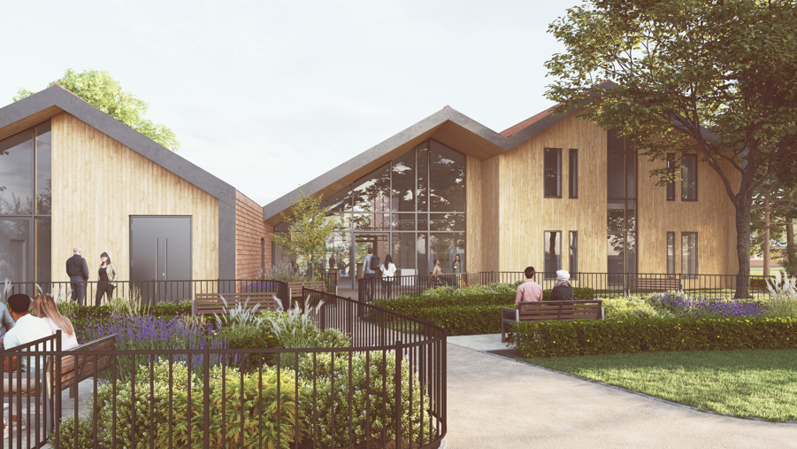 An artist's impression of a new hospital made up of two one-storey buildings with glass windows and pine finish. The outside has a garden where people are sitting on benches.