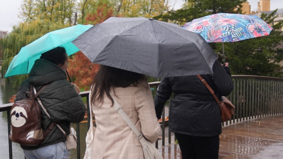 Three people are walking away from the camera, each carrying a differently coloured umbrella. The pavement in front of them is wet.