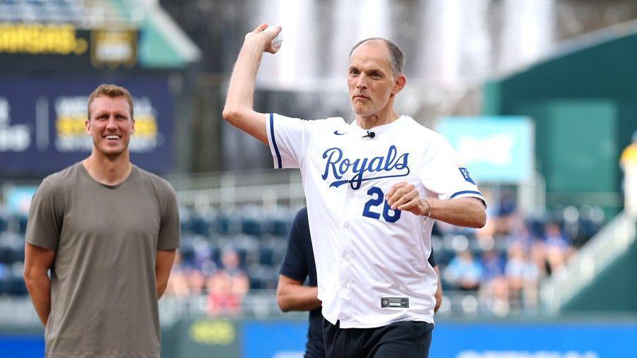 England boss Thomas Tuchel throws the first pitch as the England team attend the Major League Baseball fixture between Kansas City Royals and St Louis Cardinals 