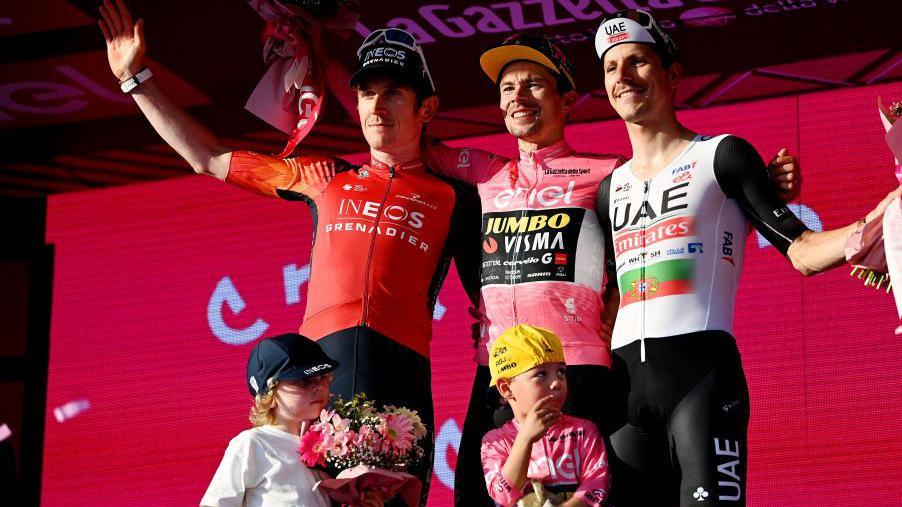 Geraint Thomas (left) with Primoz Roglic (centre) and Joao Almeida