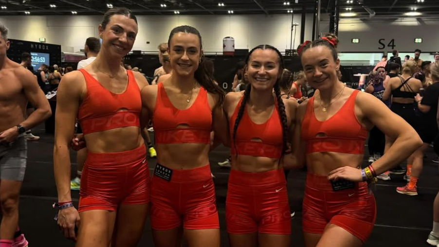 Alexandra Hill, Lauren Stockley, Saskia Geddes and Allana Falconer pose for a photography after setting the world record in London
