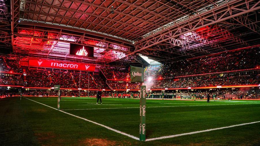The Principality Stadium in darkness with lights flashing