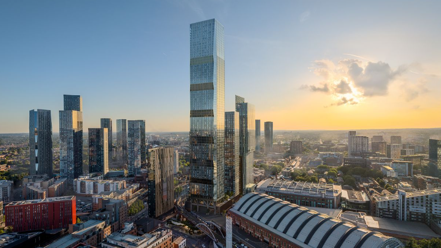 Imazh CGI i Kullës Nobu Manchester, e cila do të ishte ndërtesa më e lartë në Manchester.