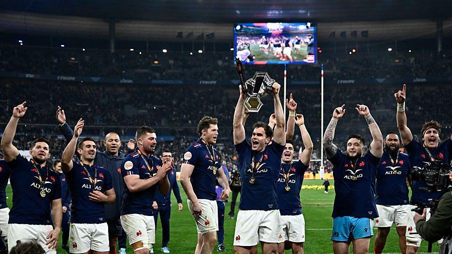 France lifting the Six Nations trophy in 2025.