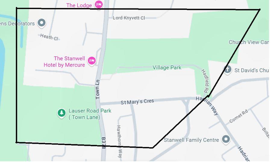 A map showing an area near the Stanwell Hotel in Spelthorne, Surrey.