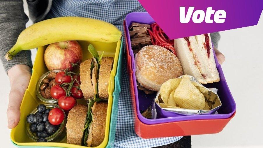 two lunchboxes, one healthy one less so