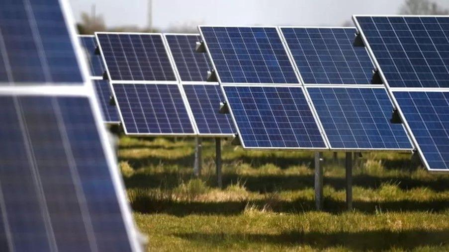 Solar panels in a field (stock shot)