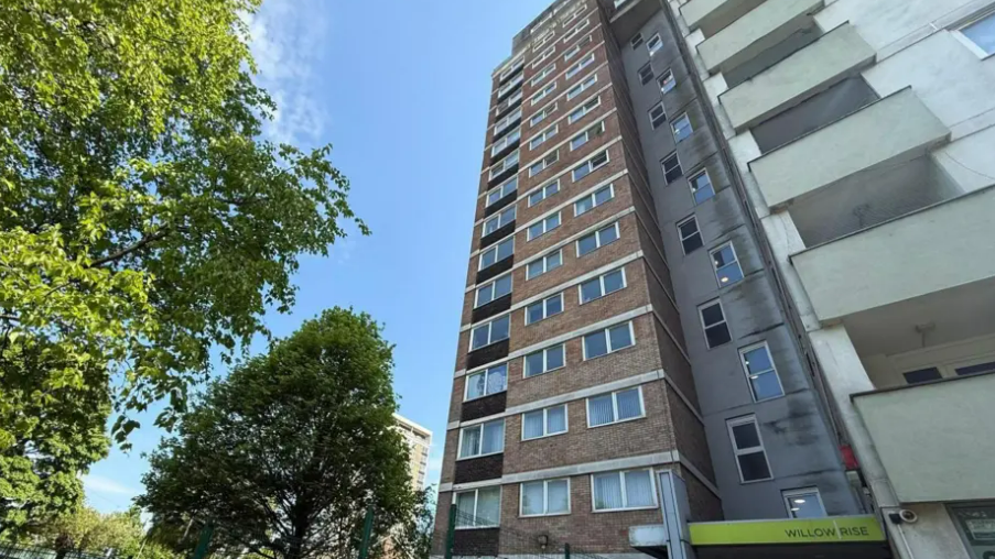 Exterior shot showing Beech Rise. It is a 1960s block of ex-council flats that was refurbished in 2007. There are trees to the left-hand side of the building.