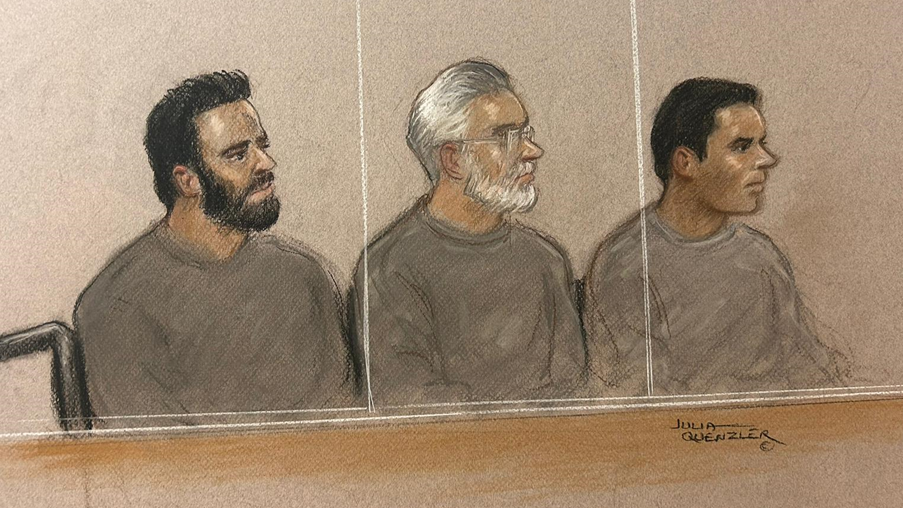 A court sketch of the three men
