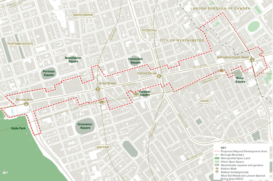 Map with red lines outlining area along Oxford Street which may be pedestrianised with Soho, Marylebone and Mayfair either side plus Hyde Park inthe bottom left