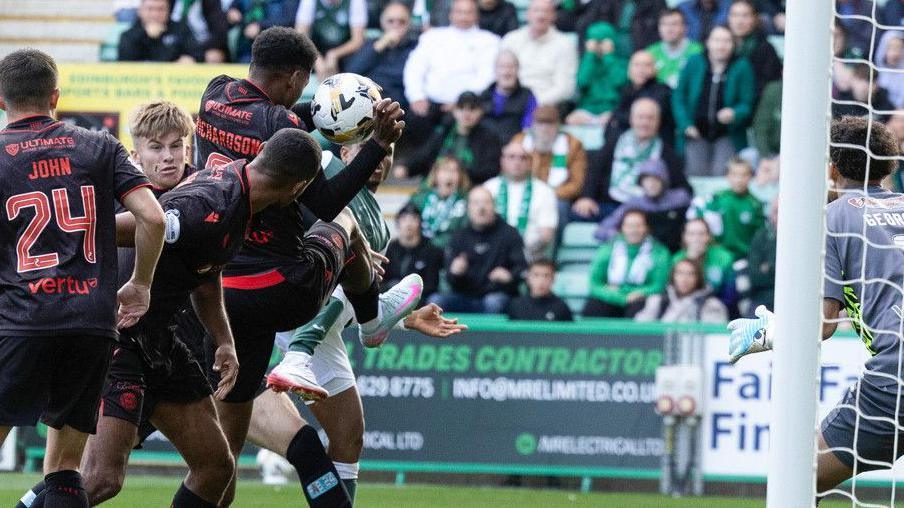 Jayden Richardson uses his arms to stop a shot at Easter Road