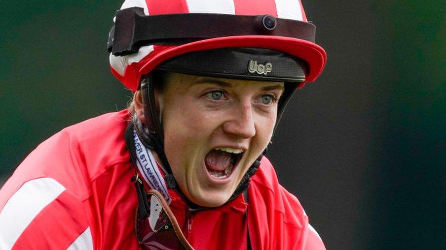 Hollie Doyle celebrates after winning King's Stand Stakes on Bredsall