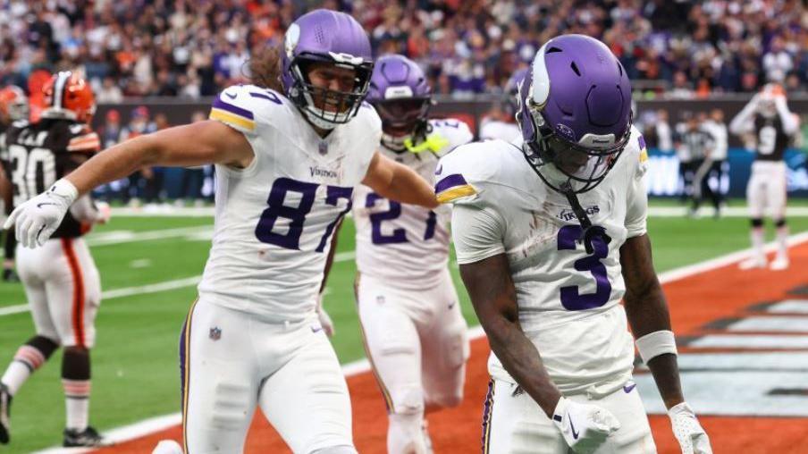 Jordan Addison celebrates scoring a touchdown for the Minnesota Vikings against the Cleveland Browns