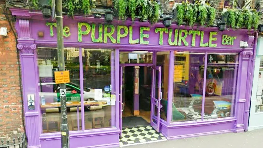 The Purple Turtle Bar and Music venue, is a red brick building with a purple frontage.