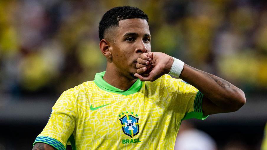 Savio celebrates goal for Brazil against Paraguay at the 2024 Copa America