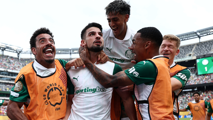 Palmeiras forward Jose Manuel Lopez (centre) celebrates scoring his team's second goal during the Club World Cup match against Al-Ahly
