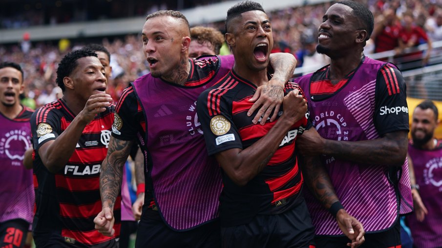 Flamengo's Bruno Henrique celebrates scoring against Chelsea at the Club World Cup