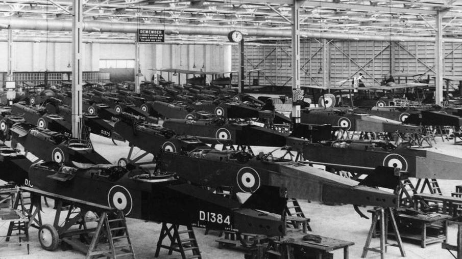 Photograph of National Aircraft Factory No. 2 in Stockport. The picture shows dozens of WW1 biplanes being built during WWI.