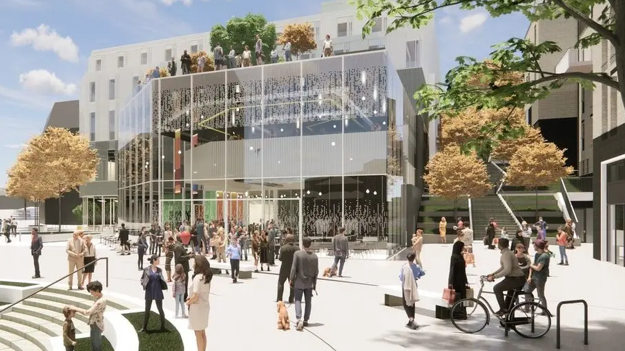 An artist's impression of a modern glass building with lots of people going about their day outside.