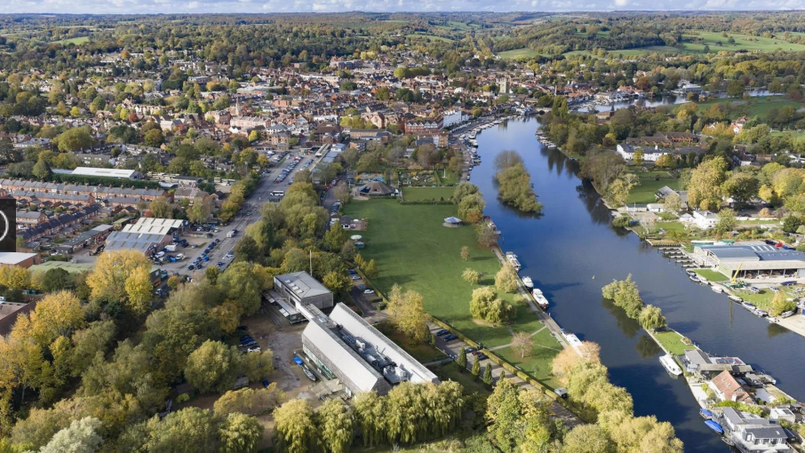 An aerial view photo of the River & Rowing Museum in Henley right by the river.