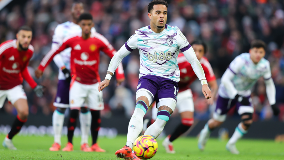 Justin Kluivert scores from the penalty spot in Bournemouth's 3-0 Premier League win at Manchester United on 22 December 2024.