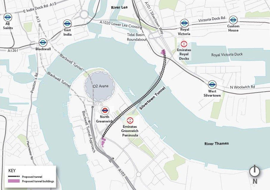 A map of London showing Silvertown and Blackwall tunnels