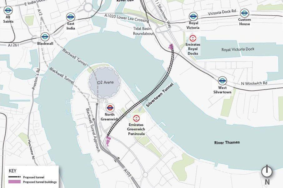 Map showing routes of Blackwall and Silvertown tunnels