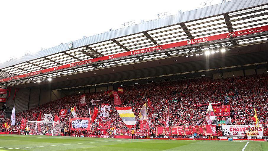 Fans with banners at Anfield