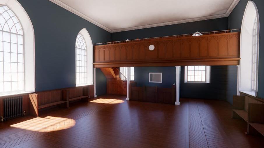 A visualisation of Richmond Hall plans showing an open plan church hall, with light shining through the windows 