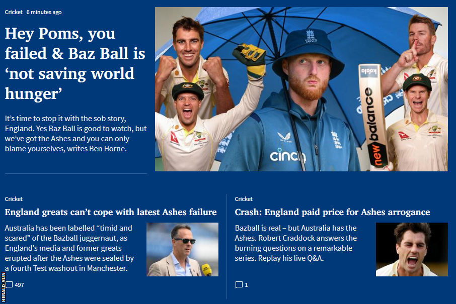 Home page of the Herald Sun, with the headline 'Hey Poms, you failed and Baz Ball is not saving world hunger'