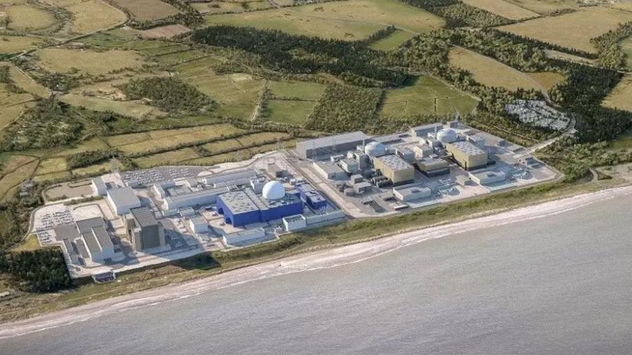 Artist's impression of the two new reactors of Sizewell C (depicted on the right) would sit next to the blue buildings and white dome of Sizewell B