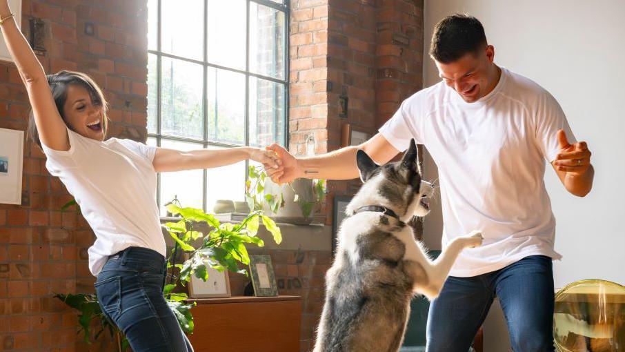 Janette Manrara and Aljaž Škorjanec, both wearing blue jeans and white T-shirts, dance in a living room. They are holding hands, and Janette has her right arm up in the air, while Aljaž smiles at a dog jumping up towards him 