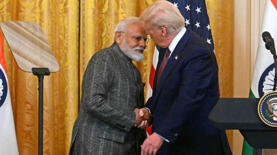 US President Donald Trump shakes hands with Indian Prime Minister Narendra Modi during a joint press conference in the East Room of the White House in Washington, DC, on February 13, 2025.