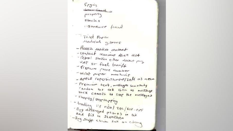 A page from one of Daniel Khalife's notebooks, showing "spying" handwritten at the top