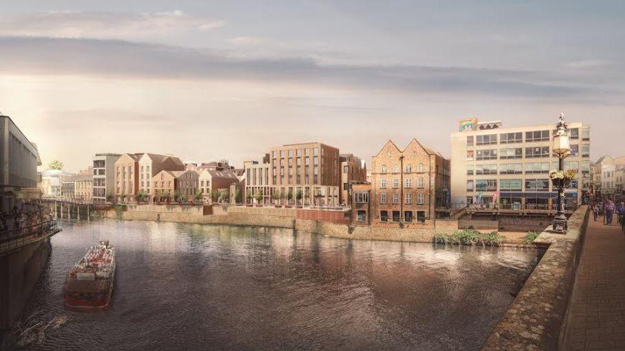 An artist's impression of the River Ouse with a boat to the left on the river with buildings between 4 and 6 storeys high on the left and right of the river