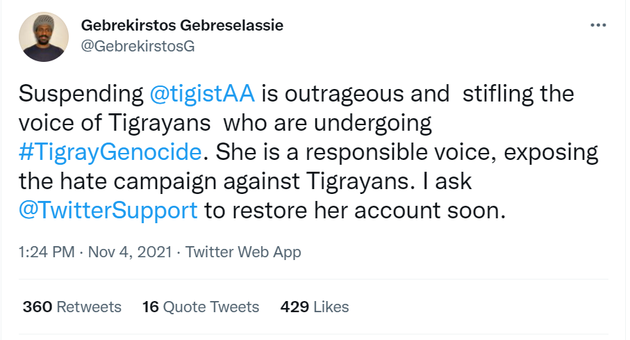 Screengrab of Twitter post complaining about the suspension of a pro-Tigrayan account