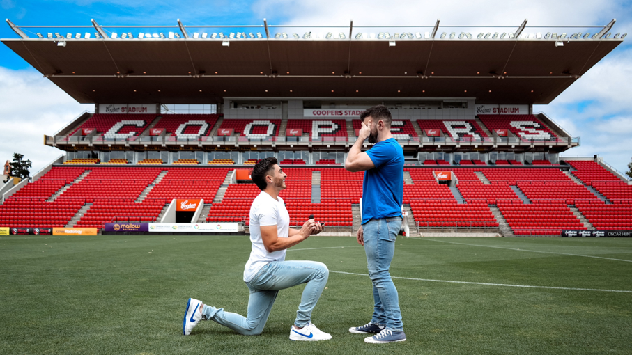 Josh Cavallo proposes to his partner Leighton at Adelaide United in 2024